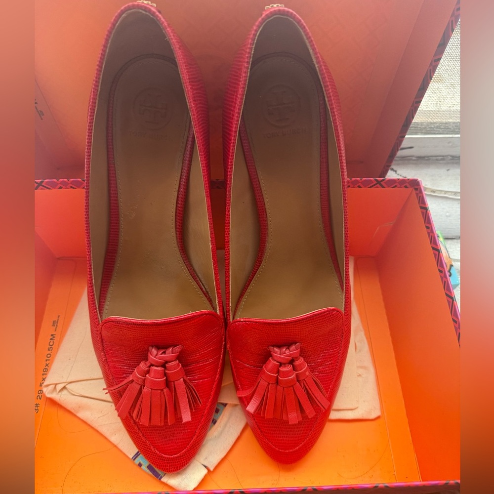 Tory Burch Vibrant Red Tassel Loafers with Stacked Heel